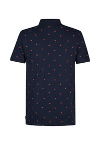 Polo bleu marine en coton avec un motif discret de homards rouges. Il présente un col et des manches courtes, une texture lisse et un ourlet droit.