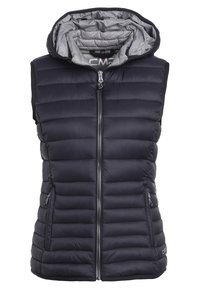 Marineblaue Steppweste mit Kapuze, ausgestattet mit einem Reißverschluss auf der Vorderseite, zwei Seitentaschen und gestepptem Design. Das Innenfutter ist hellgrau.