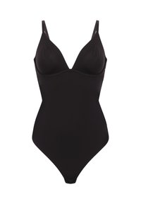 Zwarte eendelige badpak met dunne schouderbandjes en gevormde cups, ontworpen voor een aansluitende silhouet.