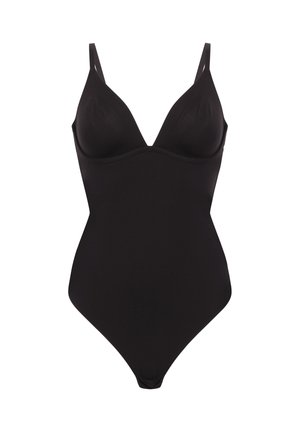 Zwarte eendelige badpak met dunne schouderbandjes en gevormde cups, ontworpen voor een aansluitende silhouet.