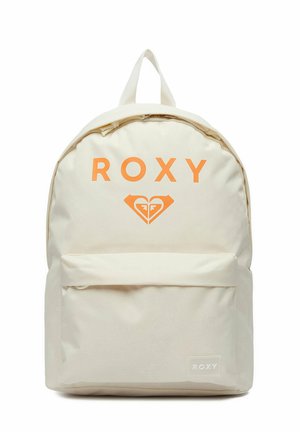 Roxy rygsæk i cremefarve med forreste lynlåslomme og orange logo og tekst på hovedrummet.
