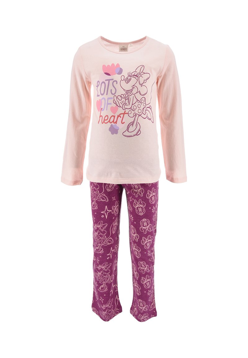 Long-sleeve pink pajama top with "LOTS OF heart" text and cartoon design. Purple pants with white cartoon character patterns. Soft cotton fabric.