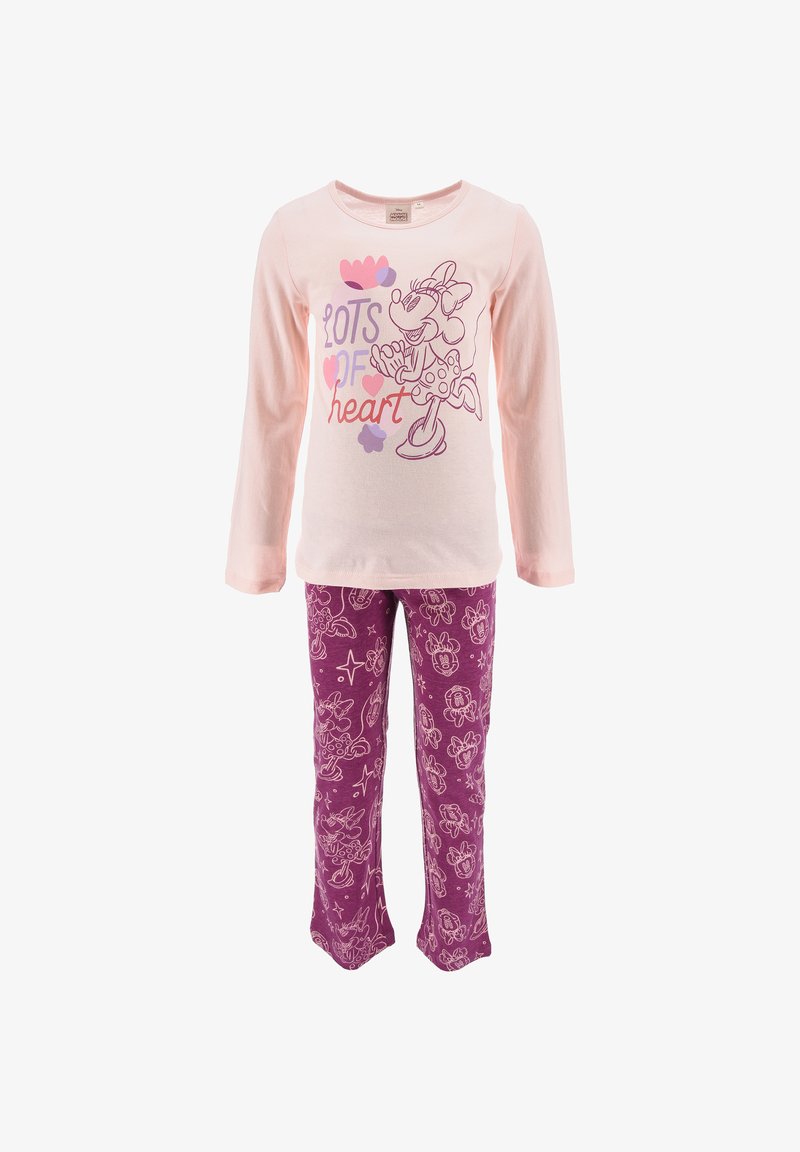 Long-sleeve pink pajama top with "LOTS OF heart" text and cartoon design. Purple pants with white cartoon character patterns. Soft cotton fabric.