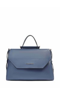 Bolso de cuero azul con asa superior, cierre de solapa y logo de la marca en plata centrado en el frente.