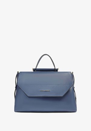 Borsa a mano in pelle blu con manico superiore, chiusura a patta e logo del marchio argentato al centro della parte anteriore.