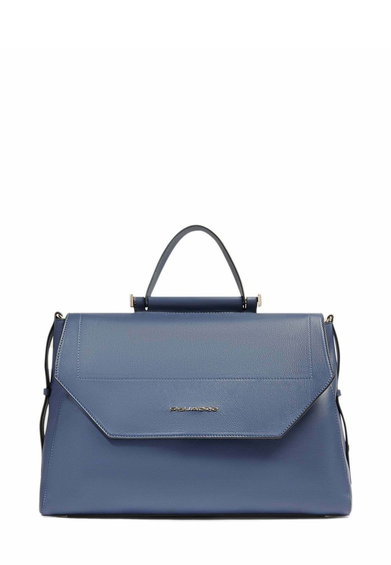 Bolso de cuero azul con asa superior, cierre de solapa y logo de la marca en plata centrado en el frente.