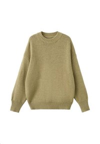 Maglione lavorato a maglia in un colore oliva tenue, con scollatura arrotondata, spalle abbassate e polsini e orlo a costine per una maggiore texture.