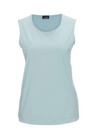 Top senza maniche di un blu chiaro, realizzato in un tessuto liscio, con scollo rotondo e taglio dritto, dotato di spacchi laterali per facilitare i movimenti.
