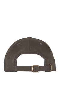 Dark gray cotton baseball cap with a curved brim, adjustable strap at the back, and subtle stitching details. Textured fabric surface.