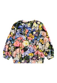 Lilledetrükiga dressipluus, millel on erinevad värvikirevad lilled heledal taustal, pikad varrukad ja ümar kaelus soonikkoes äärega.