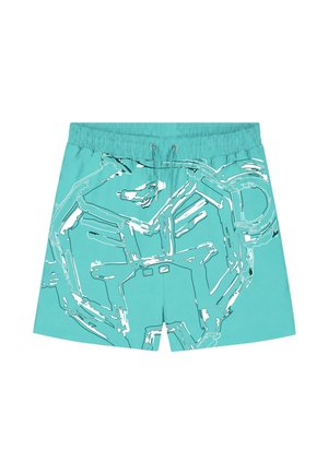 Turquoise zwemshorts met een elastische tailleband en wit abstract lijnkunstontwerp dat de voorkant bedekt.