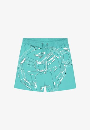 Turquoise swim shorts with an elastic waistband and white abstract line art design covering the front.