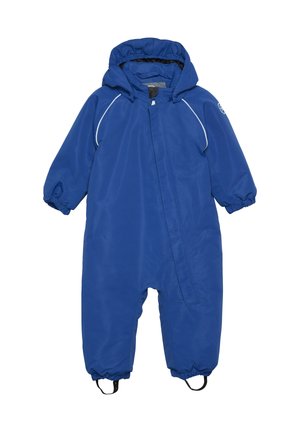 Blauer wasserdichter Overall mit Kapuze, elastischen Bündchen und einem Frontreißverschluss. Mit Haken an den Knöcheln für einen sicheren Sitz. Hergestellt aus strapazierfähigem Stoff.