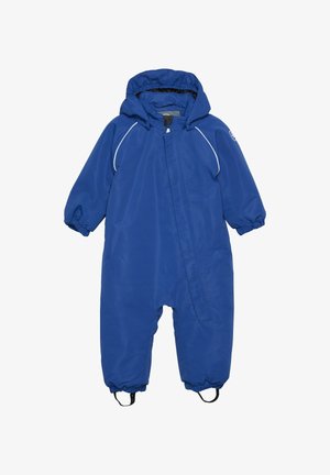 Blauwe waterdichte overall met een capuchon, elastische mouwen en een rits aan de voorkant. Beschikt over haken bij de enkels voor een veilige pasvorm. Gemaakt van duurzaam materiaal.