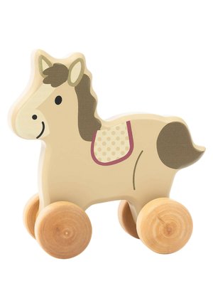 Wooden toy horse with a cream body, brown mane, and polka-dotted saddle. It has four rounded wooden wheels for mobility.
