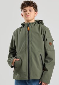 Olive green, waterproof jacket with a hood, front zip closure, side pockets, and a patch on the left sleeve. Features a smooth texture.