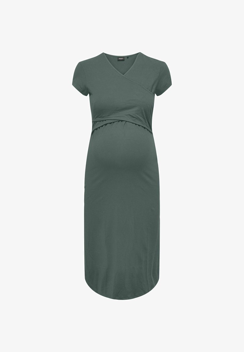 Robe de maternité à manches courtes, longueur genou, vert uni discret avec col en V et taille froncée.