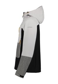 Veste d'extérieur à capuche en gris, noir et gris foncé avec des tirettes de fermeture éclair jaunes et des sangles de poignet ajustables, vue de profil.