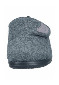 Gray felt slipper with a Velcro strap, rounded toe, and a black rubber sole. Includes a small gray fabric accent on the strap.