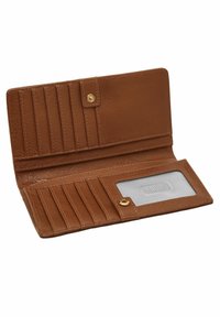 Portefeuille en cuir marron avec huit emplacements pour cartes, une poche zippée et une fenêtre pour ID transparente. Il dispose d'une fermeture à pression et d'une surface texturée.