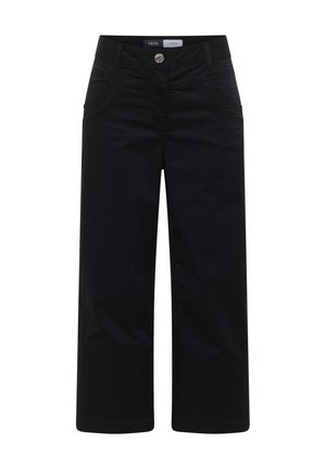 Pantalon noir à jambes larges avec fermeture avant à boutons et fermeture éclair, passants pour ceinture, et poches avant, étiqueté "Cecil".