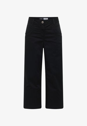Pantalon noir à jambes larges avec fermeture avant à boutons et fermeture éclair, passants pour ceinture, et poches avant, étiqueté "Cecil".