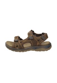 Brown sandal with adjustable straps, open toe, and padded footbed. Features textured accents and a durable rubber sole.