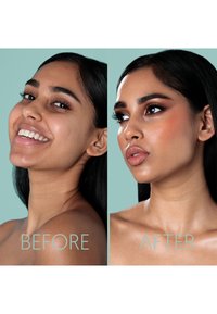 Two side-by-side portraits of a woman. Left: natural skin tone, no makeup. Right: enhanced features with makeup, smooth, glossy finish.