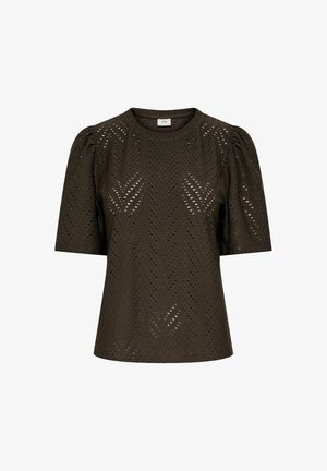Blouse marron foncé à manches courtes avec motif œillet en chevron et léger effet bouffant aux épaules.