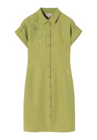 Robe verte à manches courtes avec col, boutons en bois, broderie florale sur la poitrine gauche et pattes à boutons aux manches