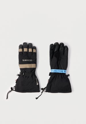 Schwarz-braune isolierte Handschuhe mit wasserdichtem Design, ausgestattet mit Klettverschluss und Kordelzug am Handgelenk.