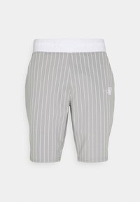 Shorts gris à rayures avec une ceinture élastique blanche. Fabriqués en tissu lisse, avec un petit logo sur la jambe gauche.