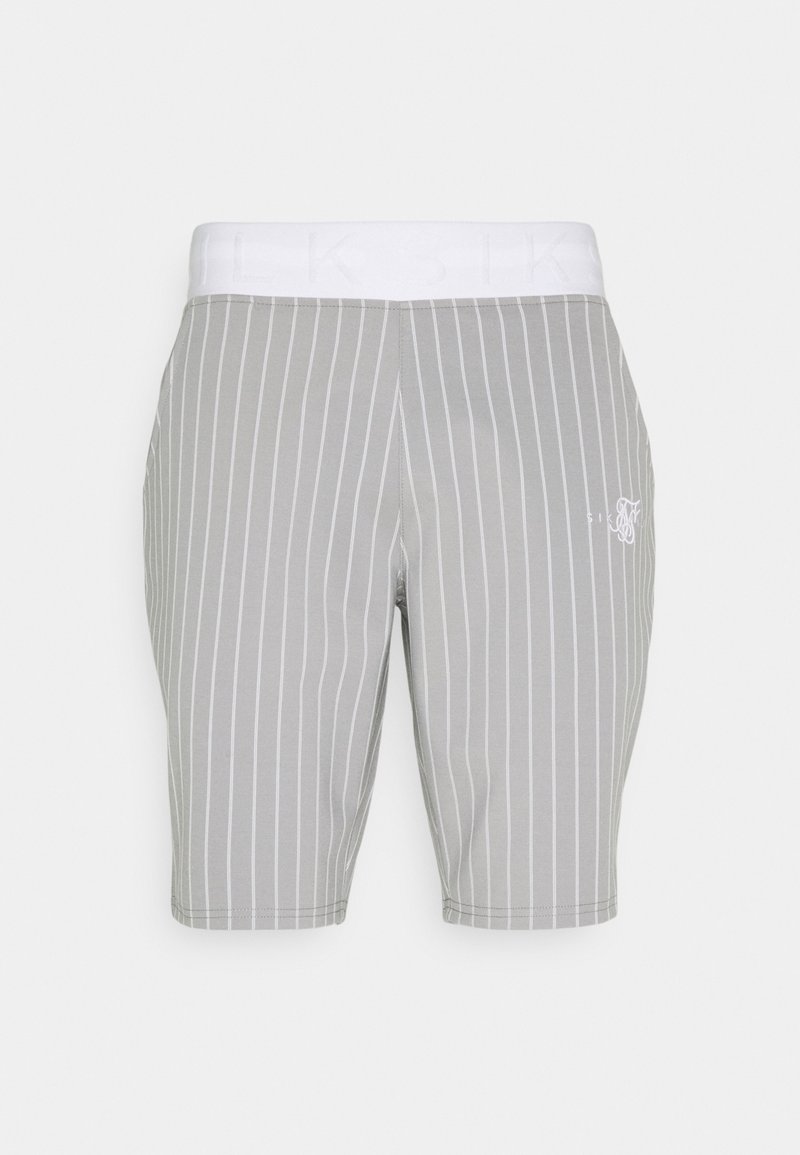 Shorts gris à rayures avec une ceinture élastique blanche. Fabriqués en tissu lisse, avec un petit logo sur la jambe gauche.