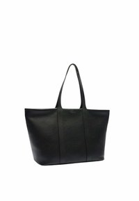 Sac fourre-tout noir en cuir texturé, doté de deux longues poignées, d'une forme rectangulaire spacieuse et d'un subtil logo en relief.