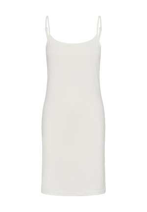 Biela bezrukávová šaty s úzkymi ramienkami, vyrobené z hladkej tkaniny. Jednoduchý, priliehavý strih s priamou siluetou a bez viditeľných vzorov.