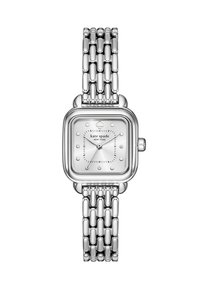 Orologio in metallo argentato con quadrante quadrato, quadrante testurizzato argentato, indicatori delle ore in diamante e bracciale a maglie. Presenta un logo a forma di palo.