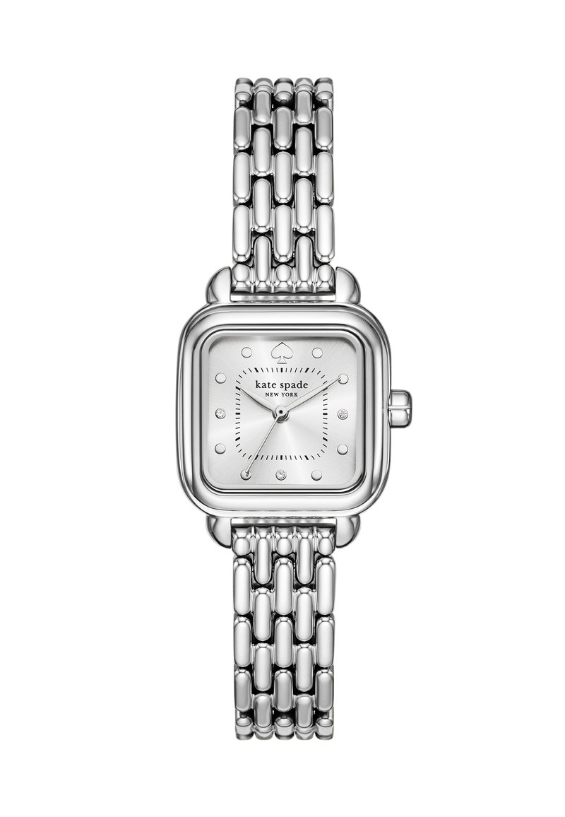 Orologio in metallo argentato con quadrante quadrato, quadrante testurizzato argentato, indicatori delle ore in diamante e bracciale a maglie. Presenta un logo a forma di palo.