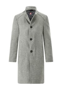 Grau melierter Wollmischmantel mit spitzem Kragen, Knopfleiste, Seitentaschen und einem strukturierten Muster, mit klassischem geradem Schnitt.
