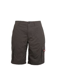Shorts cargo marron foncé en tissu léger, avec une fermeture à bouton, des poches latérales et une surface texturée.