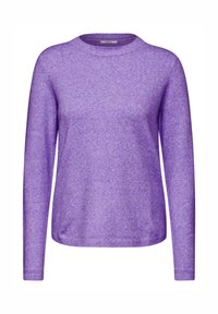 Pullover lungo viola in maglia morbida con scollo rotondo. Presenta polsini e orlo a coste, offrendo un aspetto testurizzato.