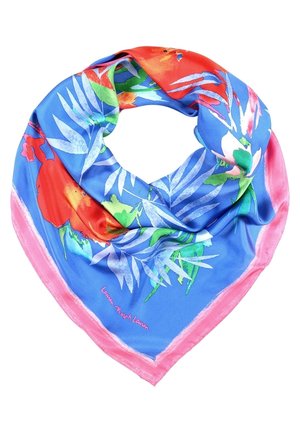 Kvadratisk silketørklæde med blå baggrund, lyserød kant og farverige abstrakte blomsterbrosser i røde, grønne og lilla nuancer.