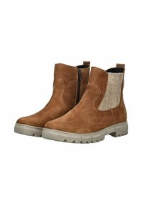 Botas de tobillo de cuero marrón con suelas de goma gris, cremallera lateral y detalles en tela beige. Presentan un acabado suave y un tacón bajo.