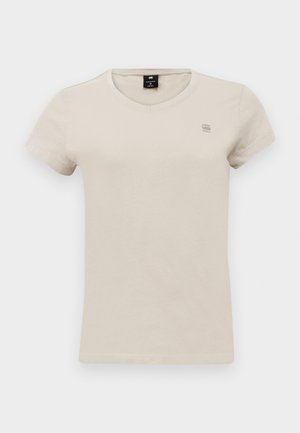 Beige short-sleeve t-shirt made of cotton, featuring a round neckline and a small logo on the left chest area. Soft texture.