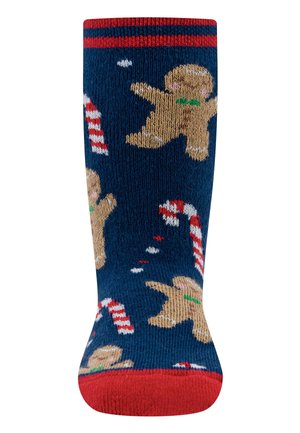 Knielange Socken in Dunkelblau mit Lebkuchenmännern und Zuckerstangen, versehen mit roten Akzenten am oberen Rand und einer weichen Strickstruktur.