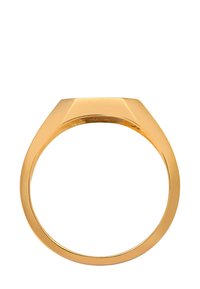 Goldfarbener Ring mit einer glatten, polierten Oberfläche, der eine quadratische Oberseite und ein breites Band aufweist und ein modernes, geometrisches Design zeigt.