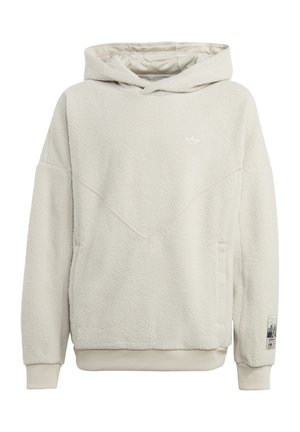 Hellbeiger Fleece-Hoodie mit Taschen vorne, gerippten Bündchen und Saum sowie kleinem Logo auf der Brust und einem Aufnäher am linken Ärmel.