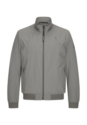 Graue Bomberjacke mit hohem Kragen, Reißverschluss, zwei Seitentaschen und elastischen Bündchen. Mit strukturierten Akzenten an Saum und Bündchen.