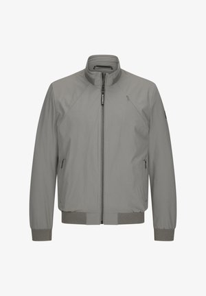 Graue Bomberjacke mit hohem Kragen, Reißverschluss, zwei Seitentaschen und elastischen Bündchen. Mit strukturierten Akzenten an Saum und Bündchen.