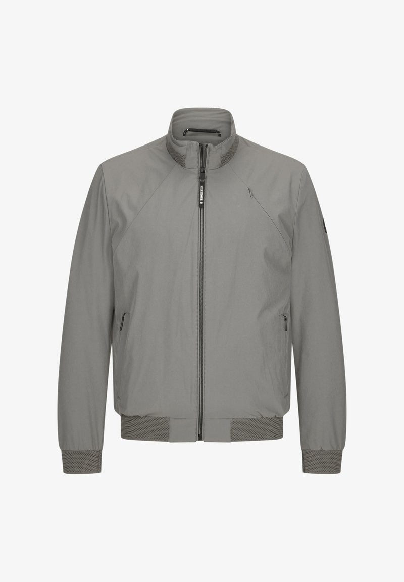 Graue Bomberjacke mit hohem Kragen, Reißverschluss, zwei Seitentaschen und elastischen Bündchen. Mit strukturierten Akzenten an Saum und Bündchen.