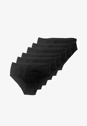 Sei mutande nere a vita alta in stile slip impilate a ventaglio su uno sfondo bianco.